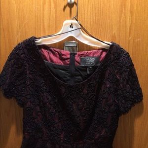 Carmen Marc Valvo black beads on burgundy